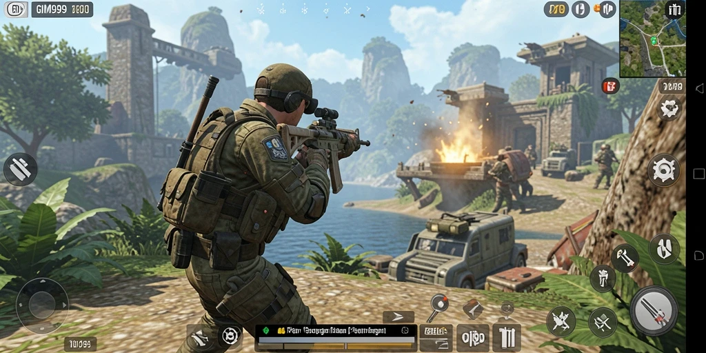 Gameplay seru dalam GIM999, aksi tembak-menembak yang intens.