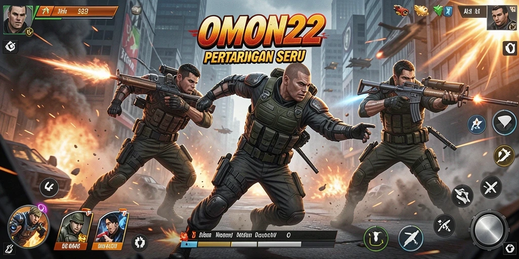 Tampilan gameplay OMON22 dengan aksi menegangkan dan musuh yang beragam.